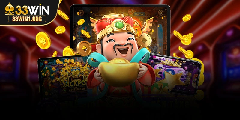 Giao diện game nổ hũ thần tài với hiệu ứng jackpot nổi bật và sống động